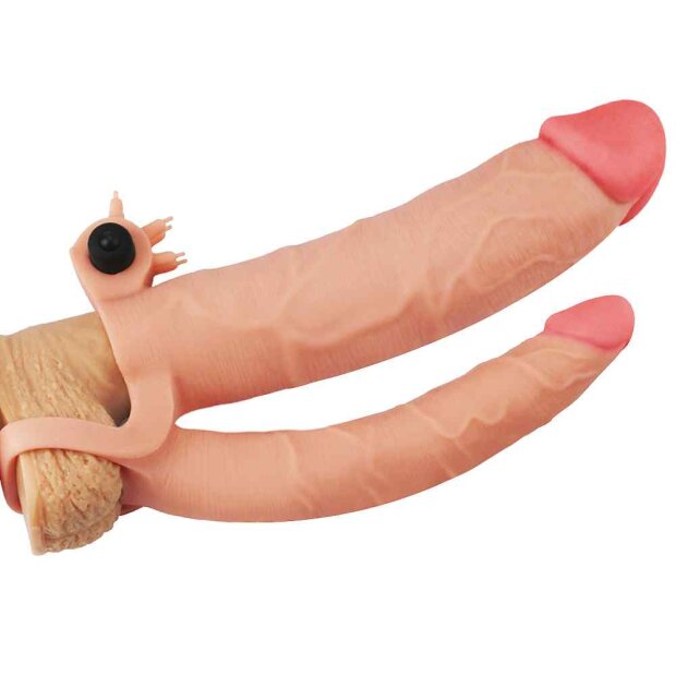 Lovetoy Pleasure X-Tender Vibrating Double Penis Sleeve Doppeldildo Beige 21 cm ⌀ 5,1 cm