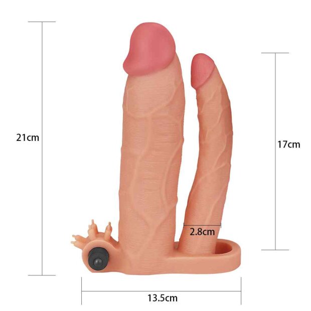 Lovetoy Pleasure X-Tender Vibrating Double Penis Sleeve Doppeldildo Beige 21 cm ⌀ 5,1 cm