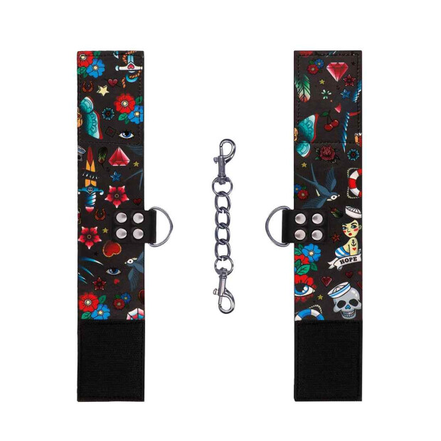 Printed Hand Cuffs - Old School Tattoo Style - Black