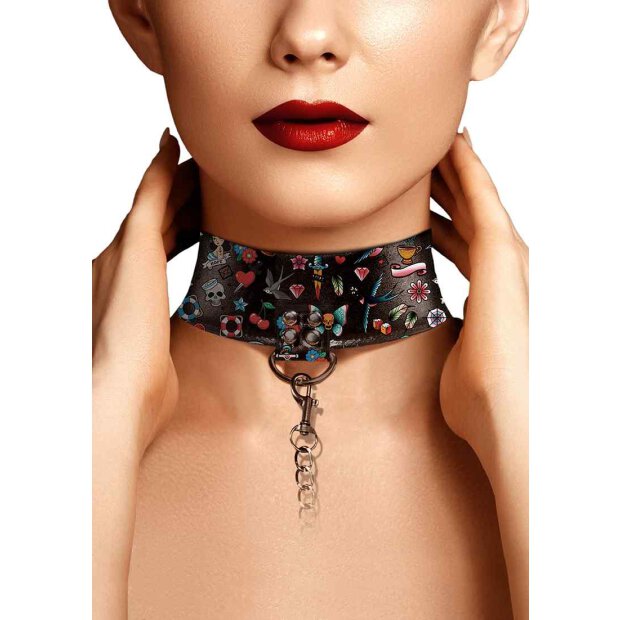 Printed Collar With Leash - Old School Tattoo Style - Black