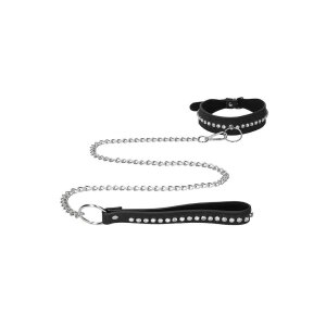 Diamond Studded Collar With Leash  - Black
