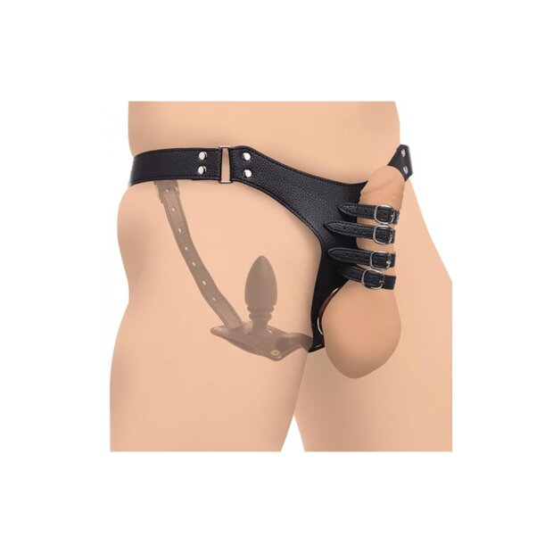 Male Chastity Harness + Silicone Anal Plug - Black