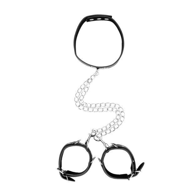 Bonded Leather Collar With Hand Cuffs - With Adjustable Straps and chain