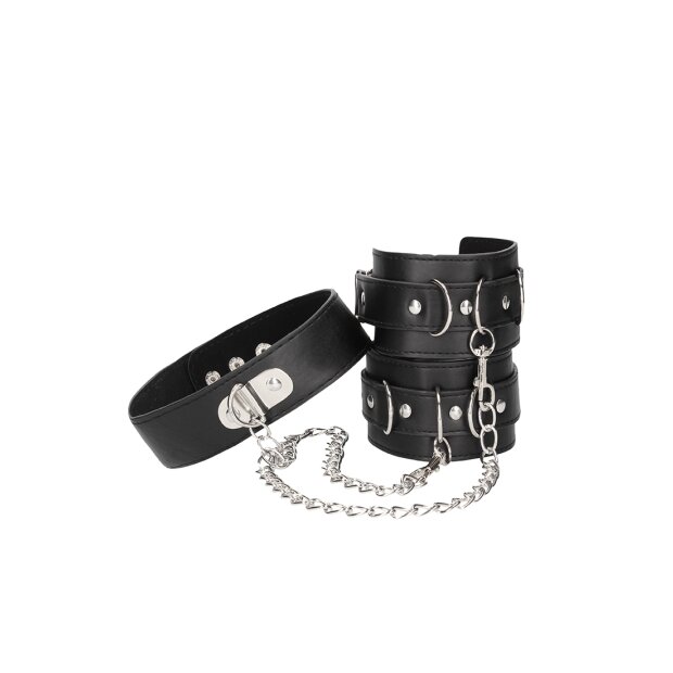 Bonded Leather Collar With Hand Cuffs - With Adjustable Straps and chain