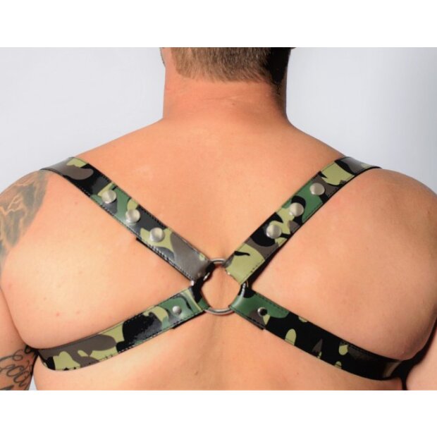 Camouflage Leather Harness - Acc. Chrome - Cross - The Red S/M