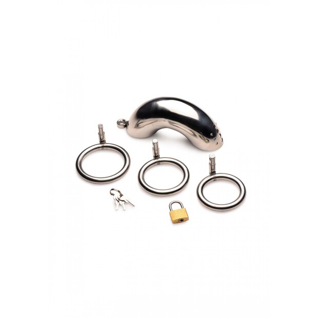 Locking Stainless Steel Chastity Cage w/ 3 Rings