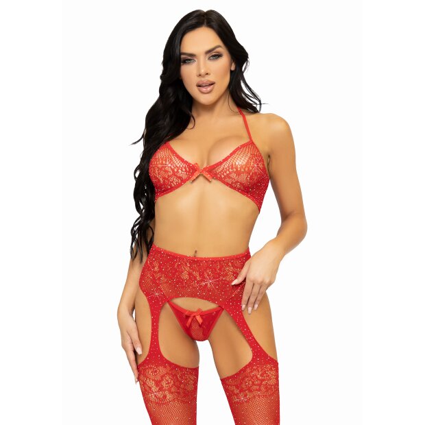 Bra Top, String And Stockings Red OS