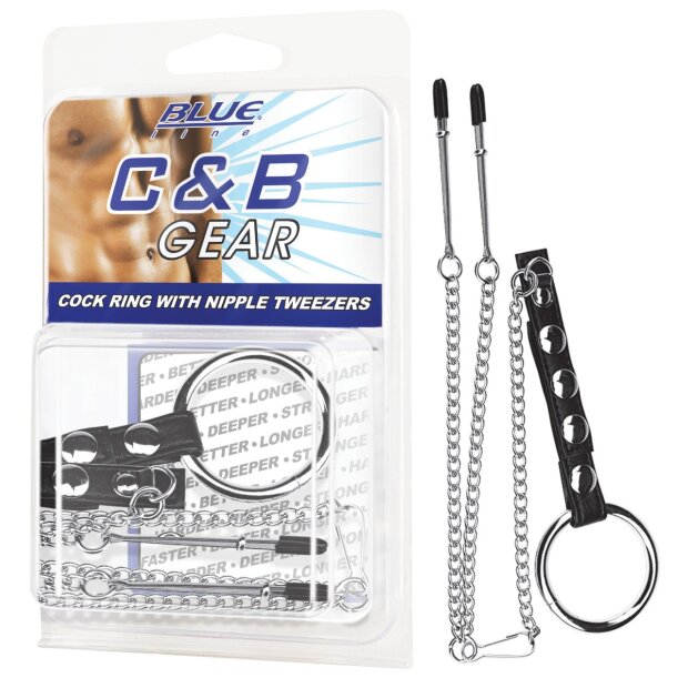 Blue Line CB Gear Cock Ring With Nipple Tweezers Metallringe Schwarz
