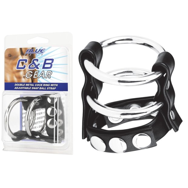 BLUE LINE C&B GEAR Double Metal Cock Ring With Adjust. Snap Ball Strap