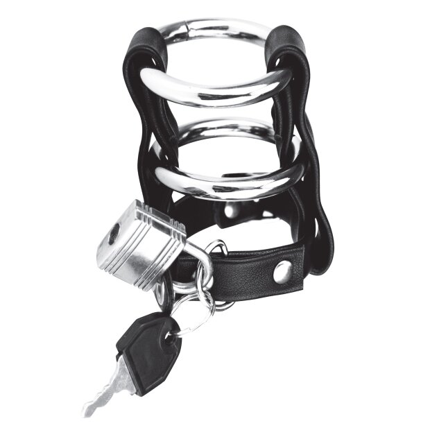 BLUE LINE C&B GEAR Double Metal Cock Ring With Locking Ball Strap