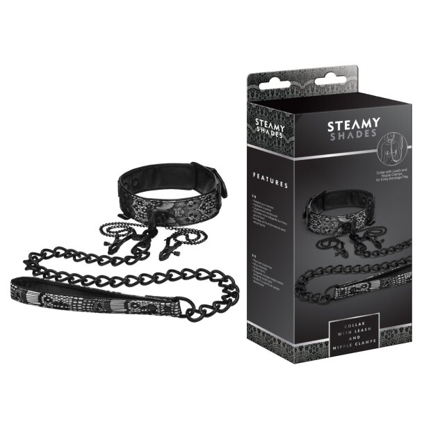 STEAMY SHADES Collar with Leash and Nipple Clamps