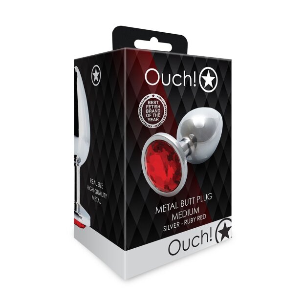 Shots Ouch ! Bouchon anal rond en pierre précieuse argent rubis rouge moyen 3,4 cm
