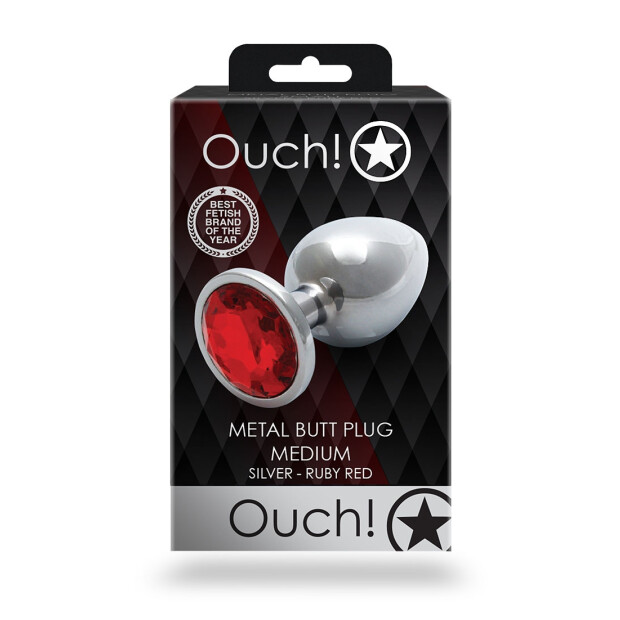 Shots Ouch ! Bouchon anal rond en pierre précieuse argent rubis rouge moyen 3,4 cm