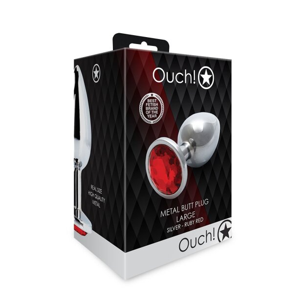 Shots Ouch ! plug anal rond en pierre précieuse argent rubis rouge grand 34 cm