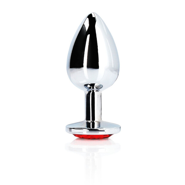 Shots Ouch ! plug anal rond en pierre précieuse argent rubis rouge grand 34 cm