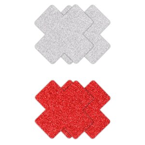 Pretty Pasties Glitter Cross Red Silver 2 Pair