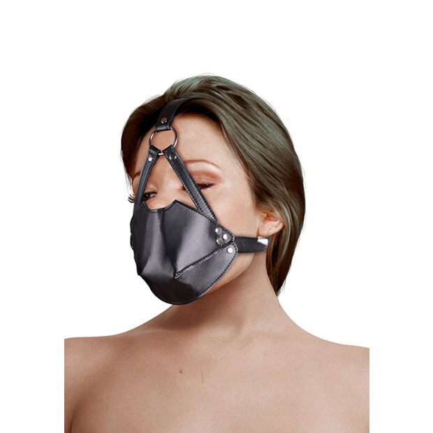 Shots head harness with mouth guard and integrated ball gag in black