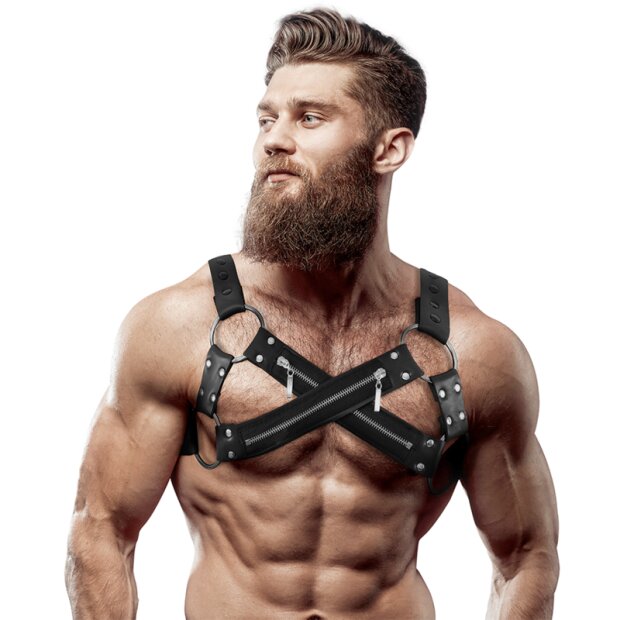 Fetish Submissive Attitude - Bulldog Crossed Chest Harness Adjustable Neoprene With Zippers Men OS