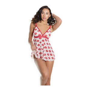 Lip Print Babydoll & Thong White Onesize - Queensize