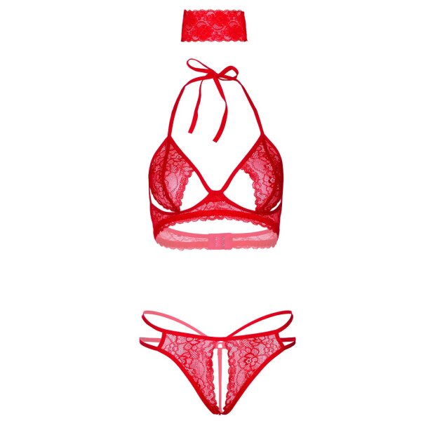 3PC Bra, Panty and Blindfold Red S/M - L/XL