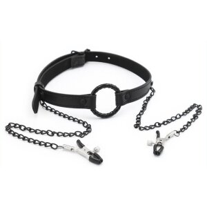 KINKgear Gag Nip Ring and Nipple Clamps Schwarz