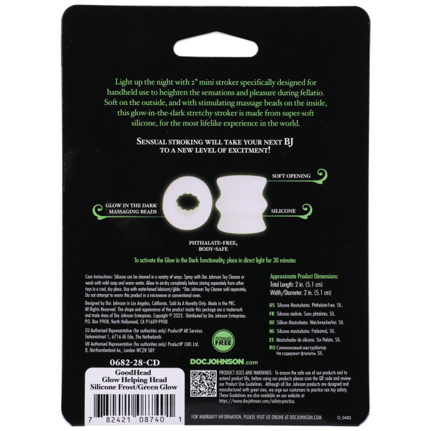 Doc Johnson Glow Helping Head Silicone Masturbator Sleeve Frost / Green Glow