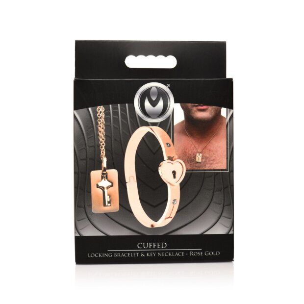 XR Brands Cuffed Locking Bracelet and Key Necklace - Rose Gold