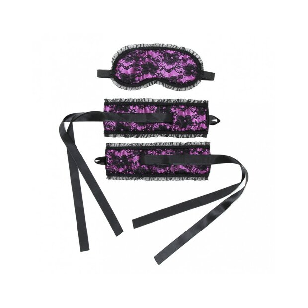 Rimba Satin Look Handcuffs with Mask Black Purple