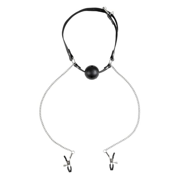 Virgite Nipple Clamps with Ball Gag Model 37 Black Silver 2 Pieces