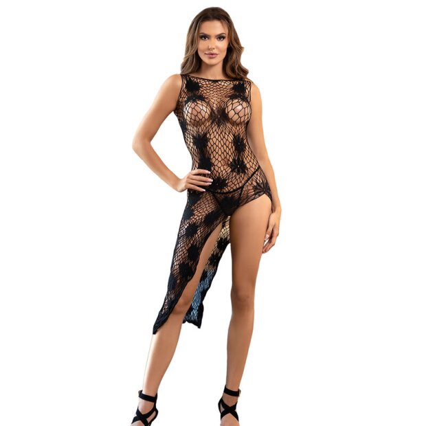 SUBBLIME Fishnet Bodystocking With Dress Design And Floral Details Black One Size