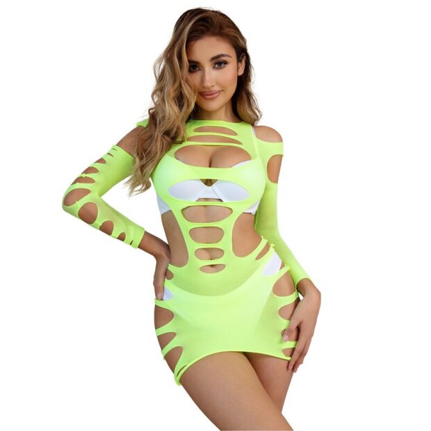 SUBBLIME Green Long Sleeve Elastic Fishnet Bodystocking One Size