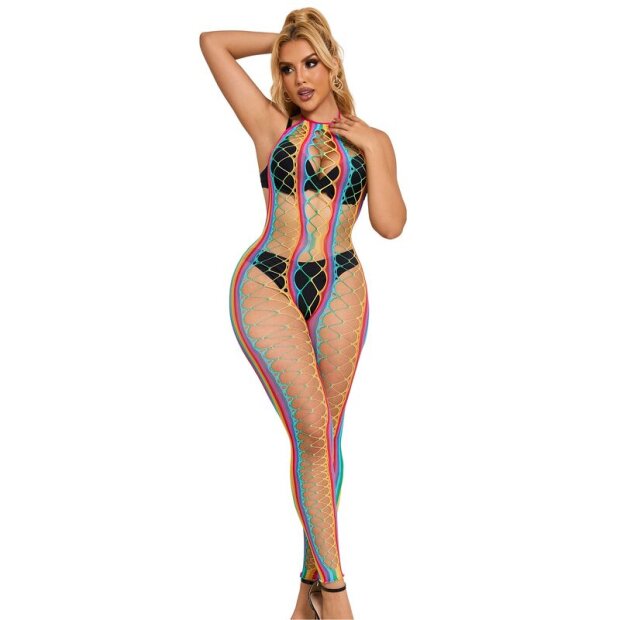 SUBBLIME Rainbow Halter Neck Fishnet Bodystocking One Siz