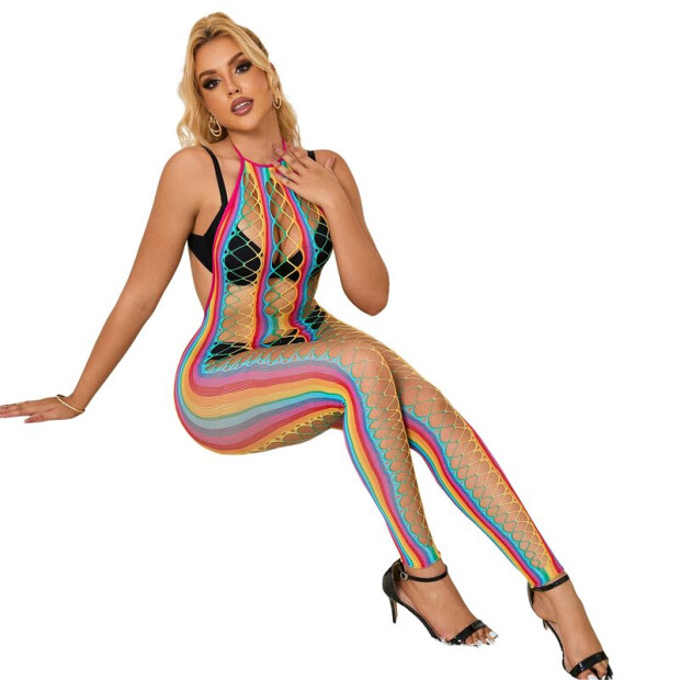 SUBBLIME Rainbow Halter Neck Fishnet Bodystocking One Siz