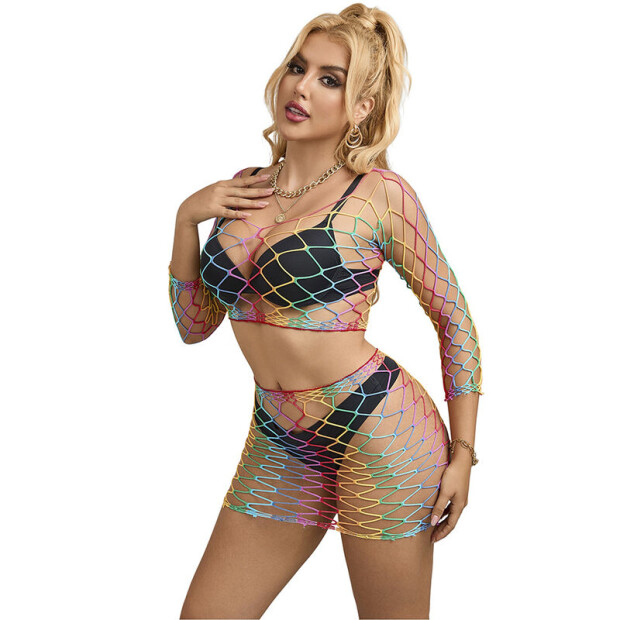 SUBBLIME 2 Piece Fishnet Bodystocking Long Sleeve Rainbow One Size