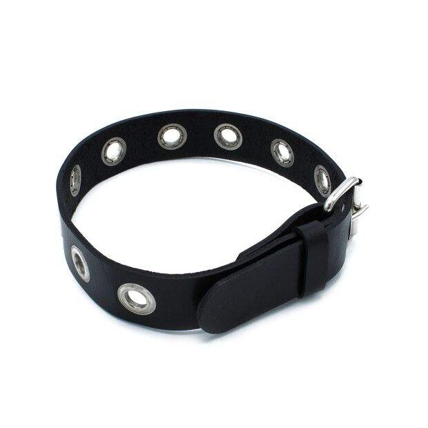 Kiotos Narrow Leather Collar with Multi Metal Eyelets Black