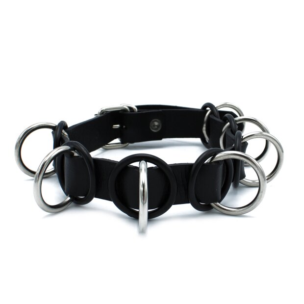 Kiotos Leather Collar with 7 Statement Rings Black