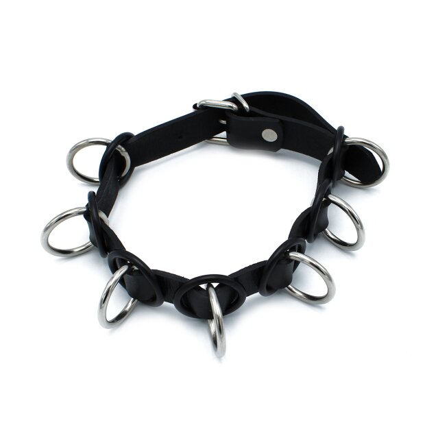 Kiotos Leather Collar with 7 Statement Rings Black