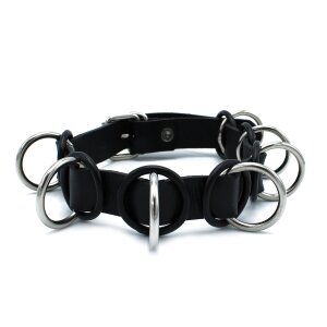 Kiotos Leather Collar with 7 Statement Rings Black