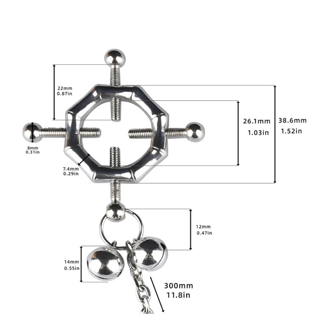 Kiotos Hexagon-Shaped Nipple Clamps Tinkling Bells Nippelklammern Silber