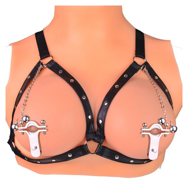 Kiotos Adjustable Nipple Clamps Bells & Leather Harness