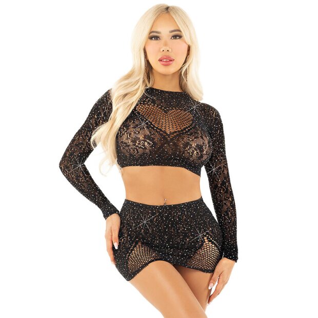 Leg Avenue Shiny Net Crop + Mini Skirt Black