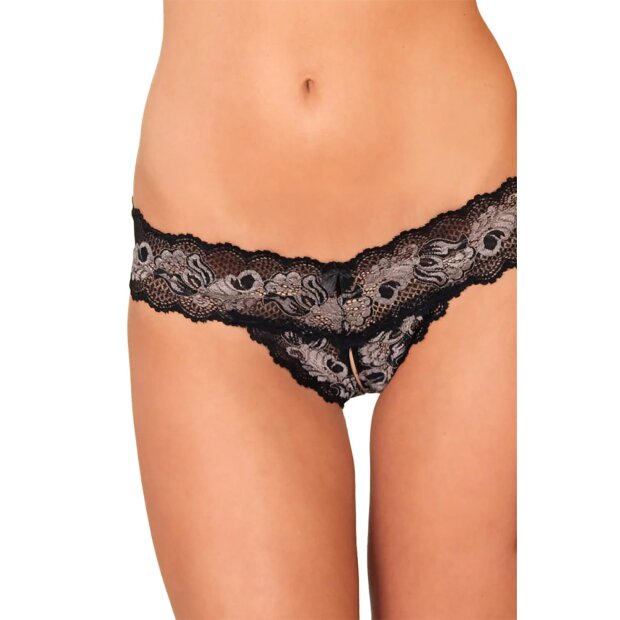 Rene Rofe Lingerie Crotchless Lace V-Thong Black S/M - M/L