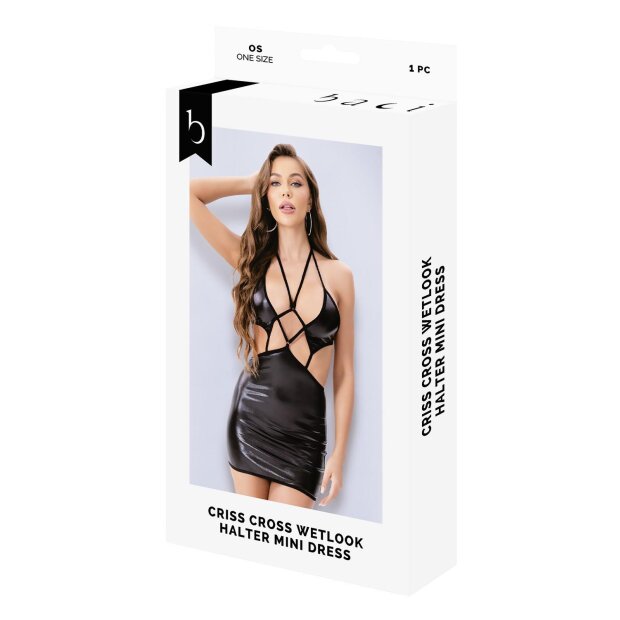 Baci Criss Cross Wetlook Halter Mini Dress Black Onesize - Queensize
