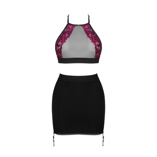 Obsessive Rosenty Set Neckholder-Top & Straps-Minirock rot, schwarz XS/S - XL/XXL