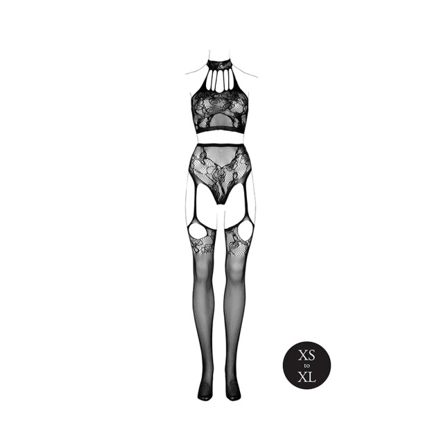 Le Désir Two Piece with Halter Turtleneck and Pantie with Attached Stockings Black Onesize - Queensize