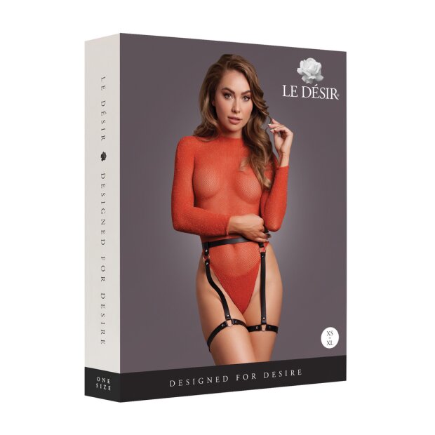 Le Désir Shimmering Open-Back Bodysuit with PU Leather Garters Red/Gold Glitter Onesize - Queensize
