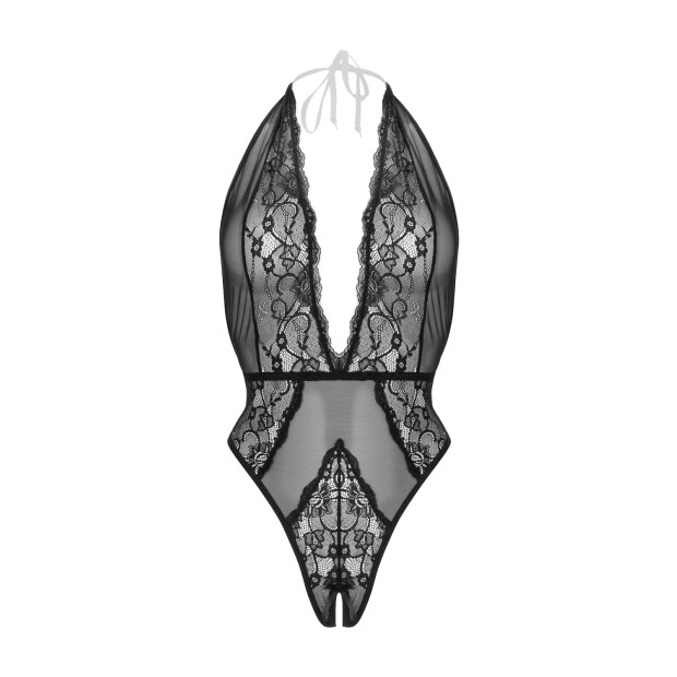 Christine Open crotch halterteddy Dina - black S/M - L/XL