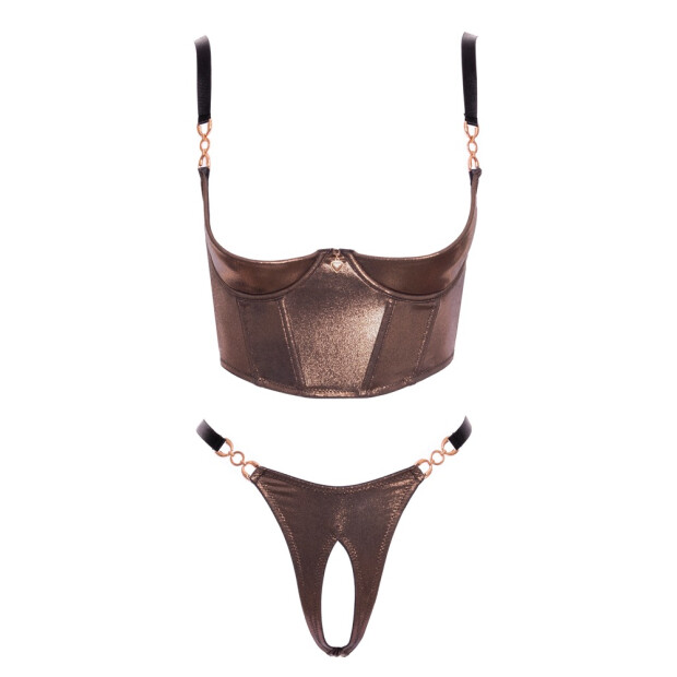 Abierta Fina Open set with push-up bra and thong Brown M