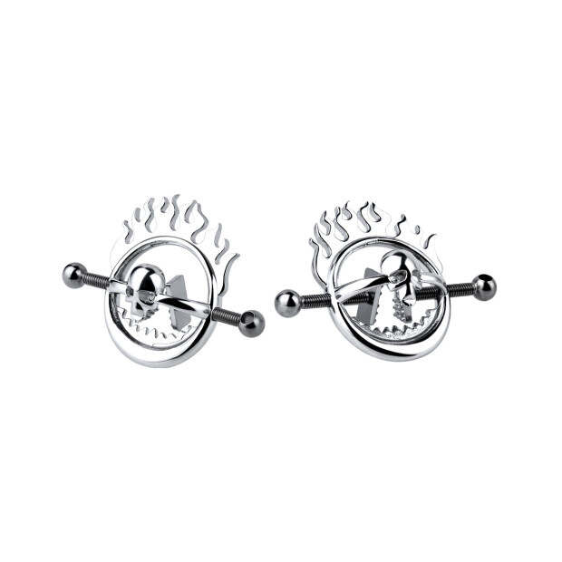 Kiotos Steel Flaming Skull Nippelklemmen mit Kette Silber
