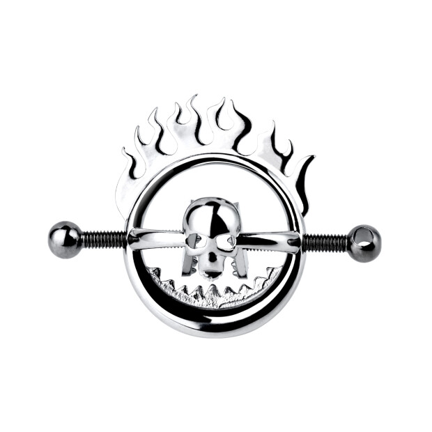 Kiotos Steel Flaming Skull Nippelklemmen mit Kette Silber